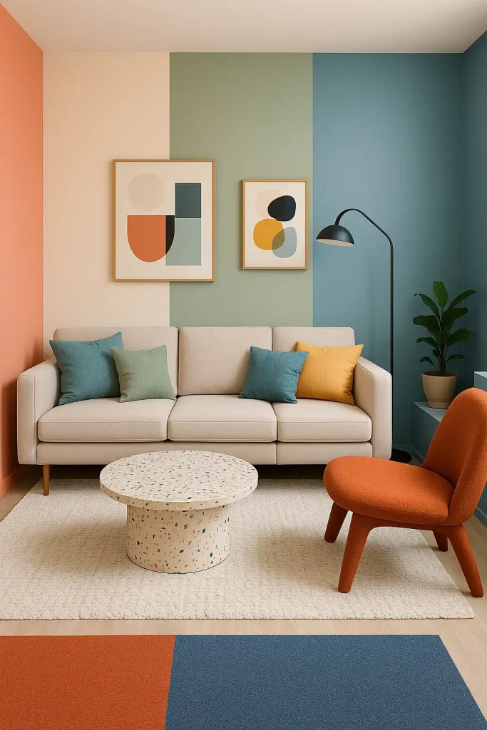 A vibrant small living room where each wall is painted in a different muted color blockâsoft coral, sage green, dusty blue, and cream. The sofa is sleek and modular in neutral beige, with colorful accent pillows matching the wall hues. The coffee table is round with a terrazzo top, and abstract art hangs asymmetrically above the couch. A corner has a funky accent chair in burnt orange and a sculptural floor lamp in matte black. Everything feels curated, artsy, and fresh.