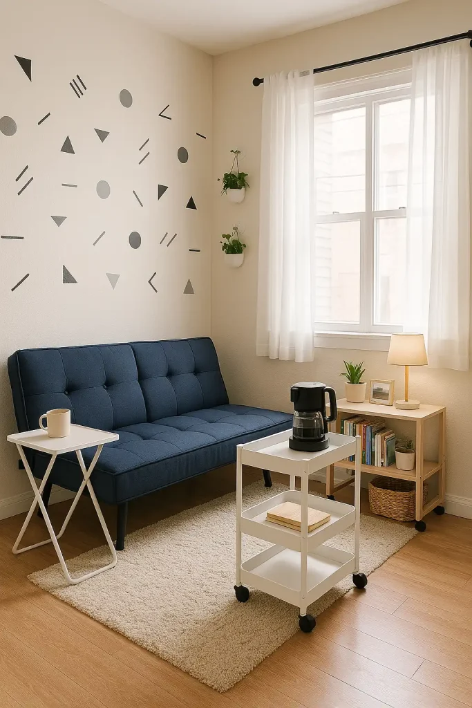 A small renter-friendly living room with all lightweight, easy-to-move furniture: a foldable futon couch in navy blue, a collapsible white side table, and a wheeled cart as a mobile coffee station. The decor includes peel-and-stick geometric wall decals, no-drill curtain rods with airy sheer drapes, and hanging plants in suction cup planters. There's a small bookshelf on casters with books, a lamp, and personal touches. Perfect for people who rearrange often or move frequently.