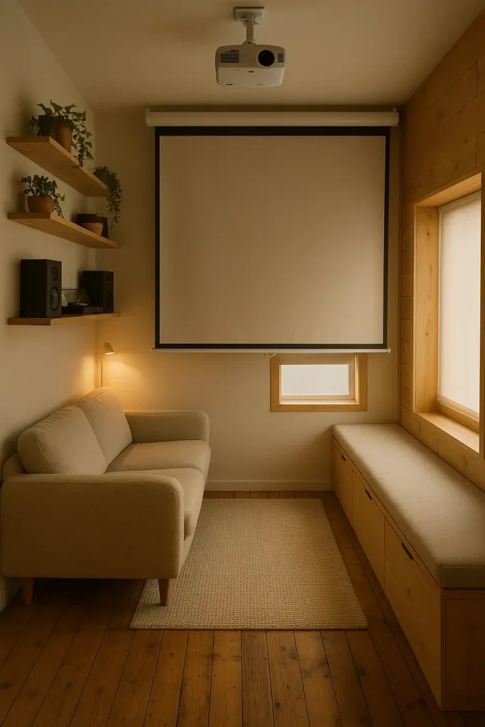 A minimalist tiny home living room with a small loveseat, a ceiling-mounted projector, and a retractable screen that doubles as a curtain. The floor is reclaimed wood with a flat woven rug, and the walls are a mix of soft white and natural wood paneling. There's built-in bench seating under the windows with drawer storage, and one wall has floating shelves with plants, speakers, and a tiny vinyl record setup. Lighting is warm and ambient, ideal for cozy nights.
