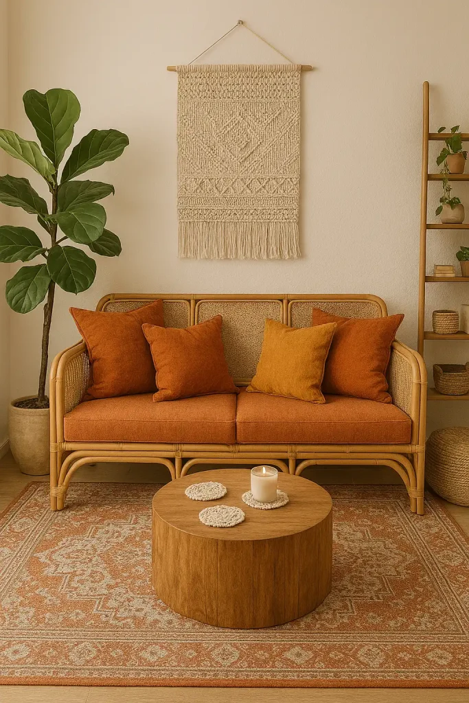 A bohemian-style small living room with a low rattan sofa, rust and mustard-toned cushions, a vintage patterned rug in terracotta and cream, and an oversized plant (like a fiddle leaf fig) in a ceramic pot. The coffee table is a round wooden drum-style with macrame coasters and a scented candle. Behind the sofa, there's a large woven wall hanging, and one corner has a jute pouf and a small open ladder shelf with trailing plants, books, and handwoven baskets.