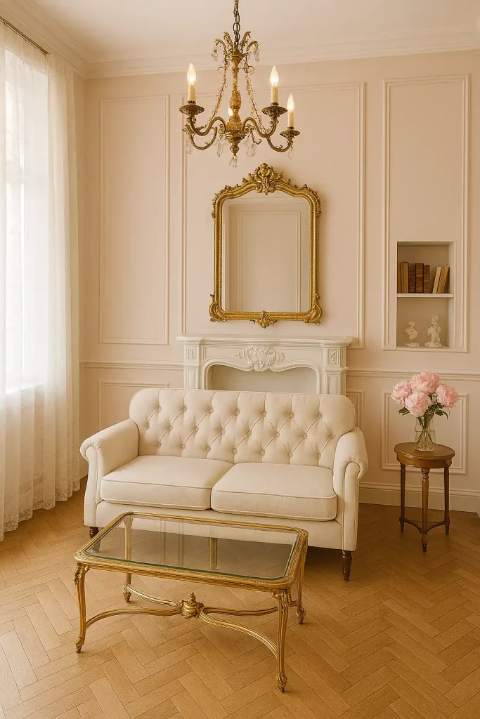 A Parisian-style small living room with herringbone wood floors, a tufted cream loveseat, a gilded mirror with ornate detailing above a faux fireplace mantle, and an antique-style gold-and-glass coffee table. The walls are soft blush with elegant panel molding, and a vintage chandelier hangs overhead. A tiny side table holds fresh peonies in a glass vase, and a small bookshelf displays old French novels and porcelain figurines. Light filters in through delicate lace curtains.