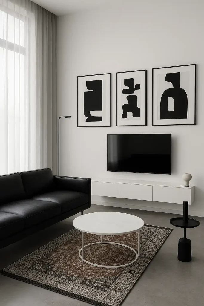 A compact modern living room in a minimalist black and white color scheme. A low black leather sofa with sleek chrome legs, a white circular marble-top coffee table, black and white abstract art on the walls, and a floating media console under a mounted flat-screen TV. The floor is concrete polished, and a thin black floor lamp stands next to a small side table with a single sculptural decor item. The space is bathed in soft natural light from floor-to-ceiling windows with sheer gray curtains.