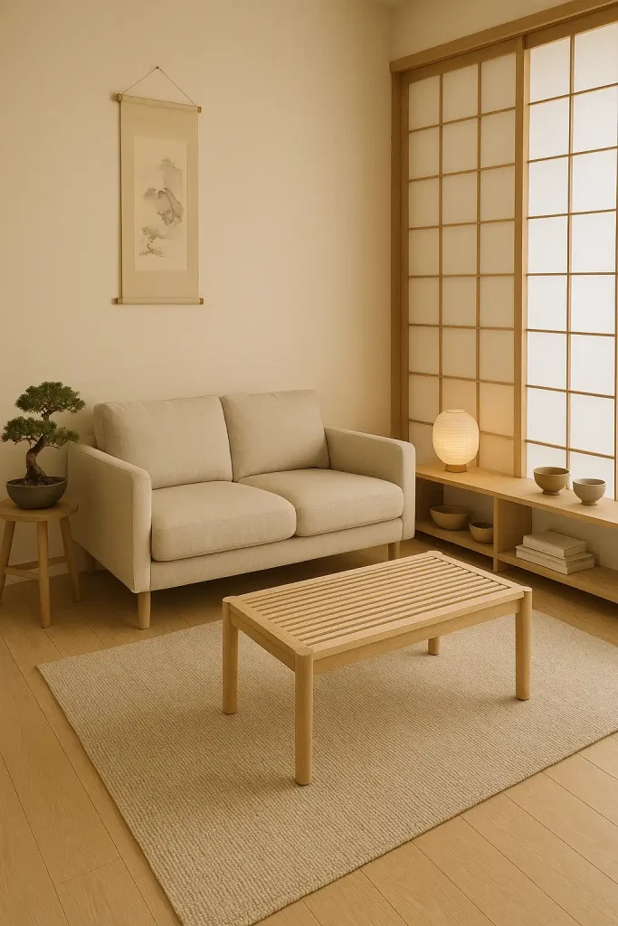 A small Japandi-style living room with light wood floors, a beige linen loveseat, a pale wood slatted coffee table, and a neutral-toned area rug. Thereâs a balance of minimalism and warmth, with one corner dedicated to a bonsai on a small stool, and another with an open shoji screen dividing the room. The shelves are low and simple, holding ceramic bowls, a paper lantern lamp, and neatly stacked books. Walls are warm off-white with one hanging scroll-style artwork.