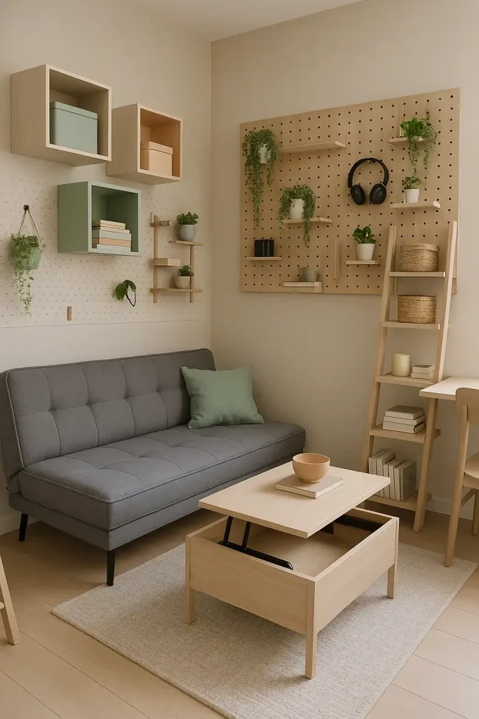 A tiny urban apartment living room with a convertible gray futon sofa, a lift-top coffee table for hidden storage, and wall-mounted storage cubes in staggered arrangement. One wall features a pegboard with hanging plants, headphones, and mini shelves. A ladder shelf holds baskets, candles, and books. A narrow wall-mounted desk and a chair are tucked into a corner, doubling as a workspace. Neutral palette with pops of mint green and soft peach.
