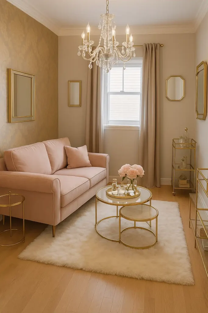 A chic small living room with a blush pink velvet loveseat, gold-accented nesting coffee tables with glass tops, and a faux fur white area rug. The walls are painted in a soft dove gray with one accent wall covered in gold peel-and-stick wallpaper. Thereâs a crystal chandelier, gold-framed mirrors, and a decorative tray with perfume bottles and peonies. Elegant floor-length curtains frame a small window, and a sleek gold bar cart is tucked into the corner.