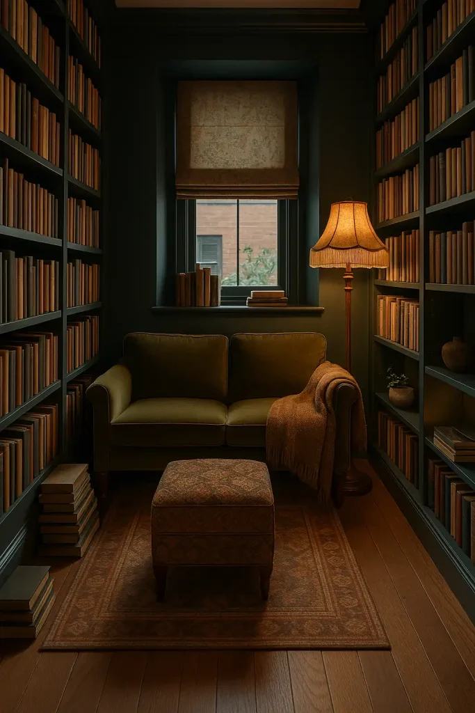A narrow living space converted into a cozy reading lounge with a small loveseat in olive green, built-in floor-to-ceiling bookshelves, and a vintage floor lamp with a fringed shade. There's a patterned ottoman instead of a coffee table, stacks of books on the floor, and a warm wool throw over the armrest. The color palette is rich and moodyâdark teal walls, warm wood tones, and brass accents. A tiny window has Roman blinds with a subtle floral print.