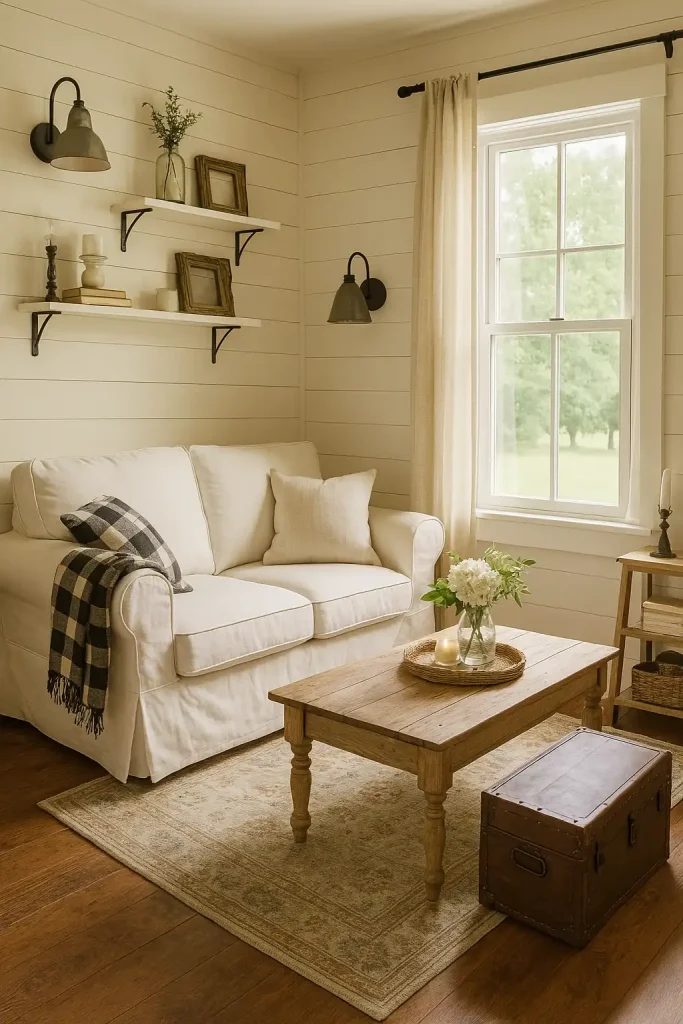 A quaint farmhouse-style small living room with a slipcovered white loveseat, distressed wooden coffee table, and a vintage trunk used as side storage. Thereâs a buffalo plaid throw blanket draped casually, galvanized metal wall sconces, and shiplap walls painted in soft cream. The floor is dark-stained hardwood with a faded floral rug. Shelves hold mason jar vases, candles, and antique picture frames. A large window with linen curtains overlooks a green countryside.