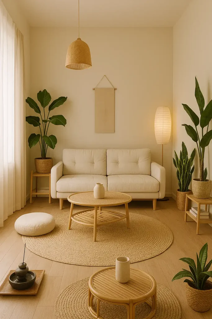 A serene, neutral-toned small living room with light wood floors, a cream futon couch, a round jute rug, and a low bamboo coffee table. Thereâs a floor cushion meditation area in one corner with a small indoor fountain and incense holder. Large leafy plants like monstera and snake plants line the walls, and lighting comes from a rice paper floor lamp and a single hanging lantern. The space has a calming, airy, and natural ambiance.