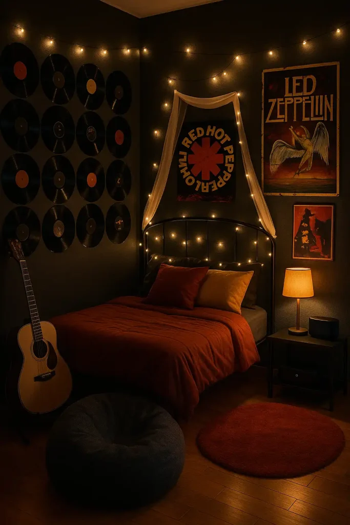A teen bedroom with vinyl records covering one wall, a guitar on a stand, posters of favorite bands, and a cozy beanbag chair in the corner. Twinkle lights over a canopy bed, and a sleek Bluetooth speaker setup. Walls painted in a moody charcoal with pops of red and gold.