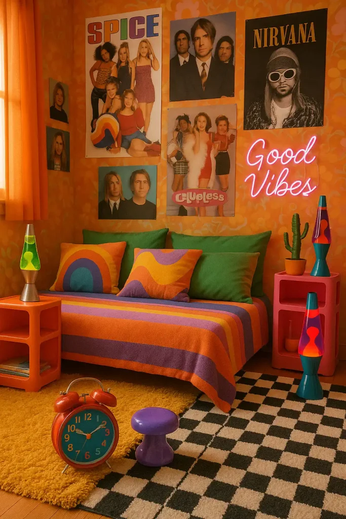 A nostalgic teen bedroom with bright patterns, lava lamps, checkered rugs, and neon signs. Posters of '90s pop stars and movies, colorful plastic furniture, a funky alarm clock, and a lava lamp. A low bed with multicolored throw pillows and a shag carpet.
