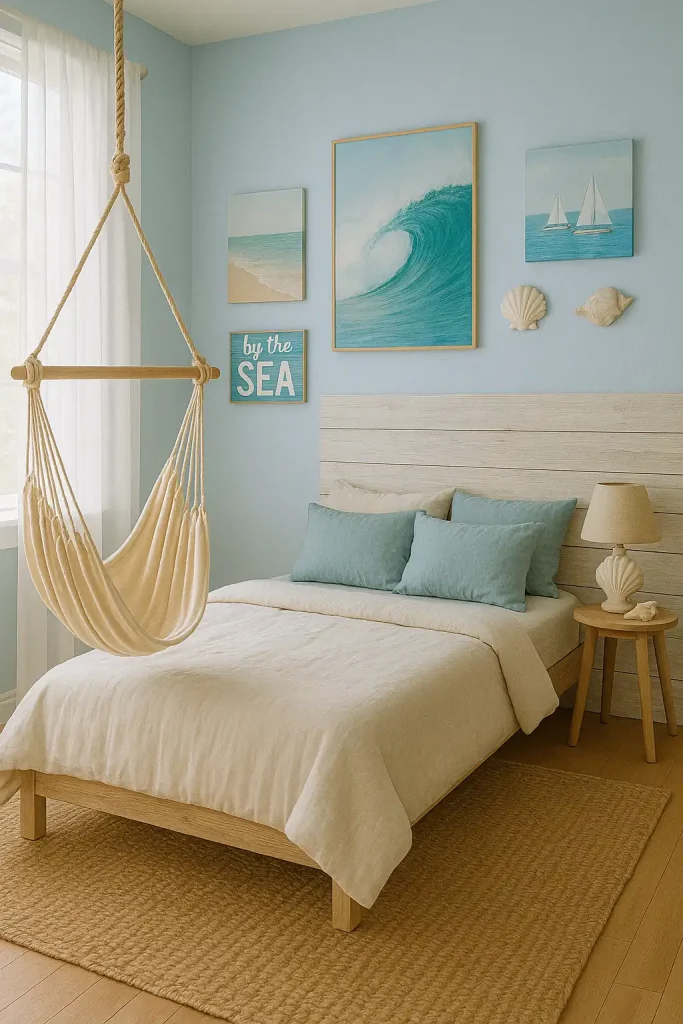 A teen bedroom with a beachy, breezy aesthetic – light blue walls, whitewashed wood accents, ocean-themed wall art, and linen bedding. A hammock chair in one corner, seashell décor, and natural light flooding in through sheer white curtains.