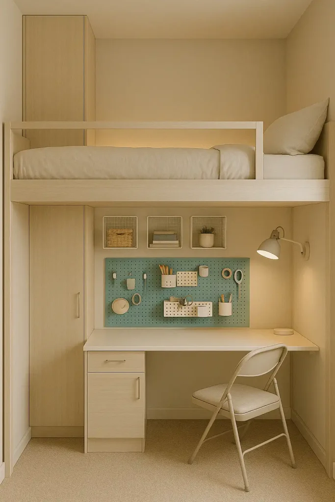 A space-efficient teen bedroom with a loft bed over a built-in desk, soft lighting, and wall-mounted storage cubes. Neutral tones with a pop of teal, pegboard organization for school supplies, and a foldable chair tucked neatly away.