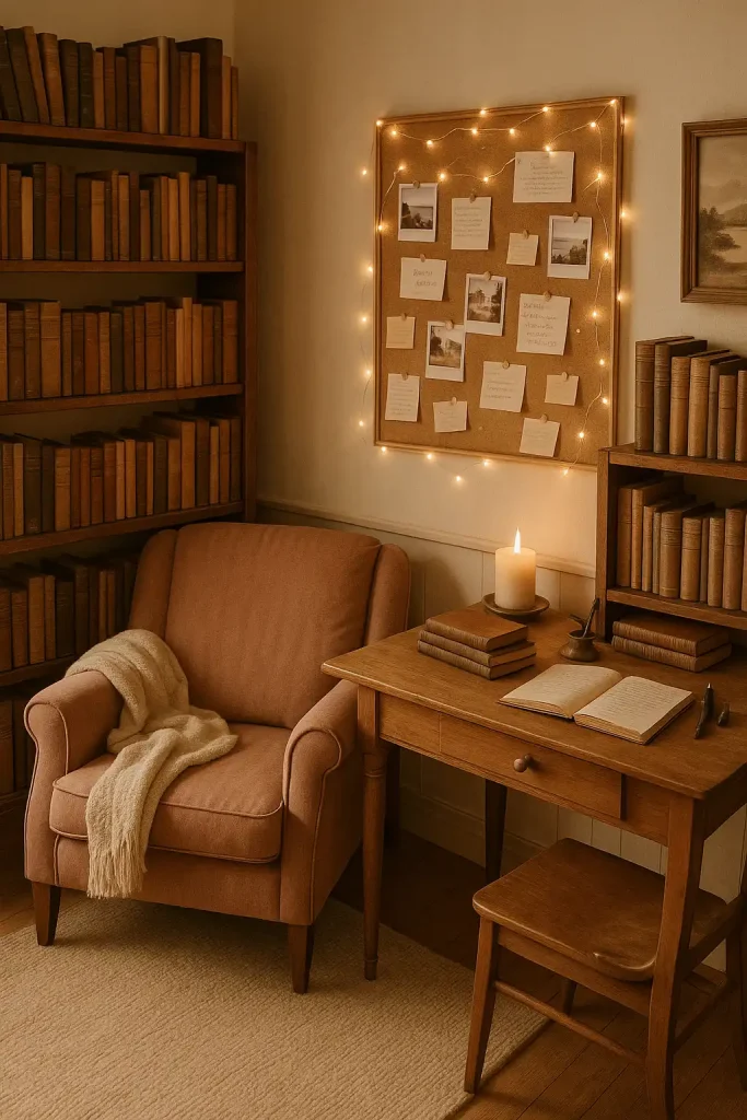 A romantic, thoughtful teen room with vintage bookshelves, string lights around a corkboard filled with handwritten notes, a cozy chair with a throw blanket, and a wood writing desk with old journals stacked on top. Muted tones of sepia, rose, and cream.