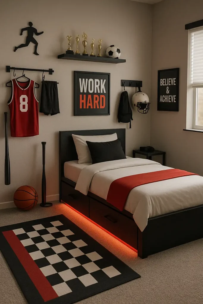A teen athlete's bedroom with minimal decor, focused on utility – wall-mounted racks for sports gear, a trophy shelf, motivational posters, and a bed with built-in storage drawers. Color scheme of black, red, and white. LED lights under the bed add a modern twist.