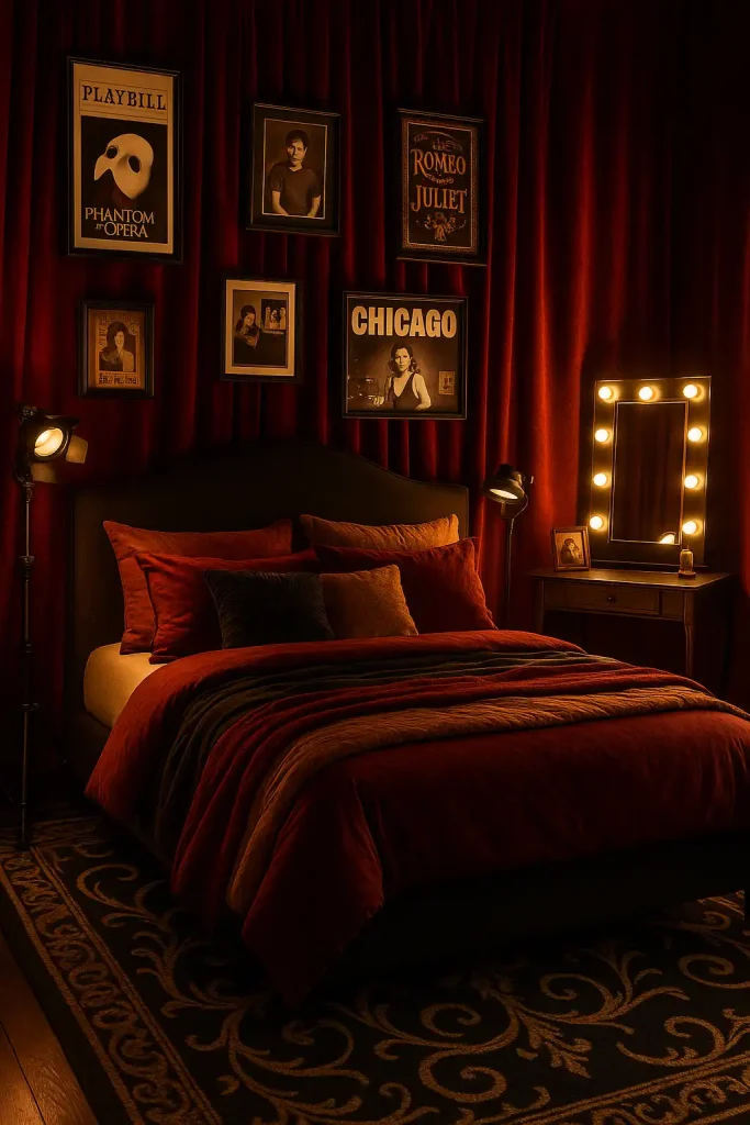 A dramatic teen bedroom inspired by the stage – velvet curtains as a backdrop, playbills framed on the wall, a small vanity mirror with bulbs, and dramatic lighting. Red, gold, and black color palette with dramatic flair and cozy layered bedding.