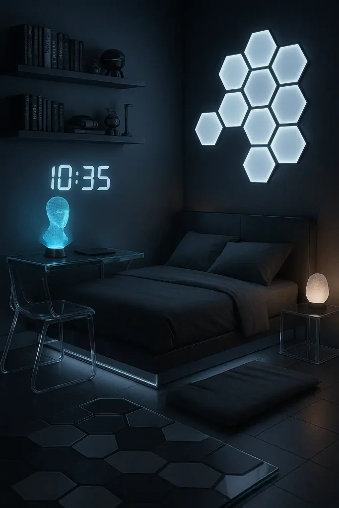 A high-tech, futuristic teen room with black and silver tones, hexagonal LED wall panels, a holographic desk lamp, and translucent furniture. Floating shelves with sci-fi books and gadgets, sleek bedding, and a digital alarm clock that projects on the wall.