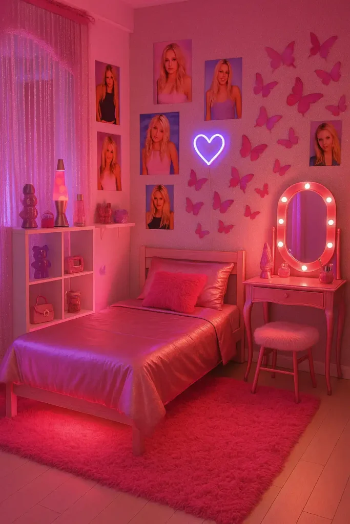 A teen girl’s bedroom exploding with early 2000s vibes – metallic pink accents, fuzzy rugs, butterfly decals, beaded curtains, and a vanity table with sparkly accessories. Posters of pop stars, jelly accessories on shelves, and neon pink lighting.