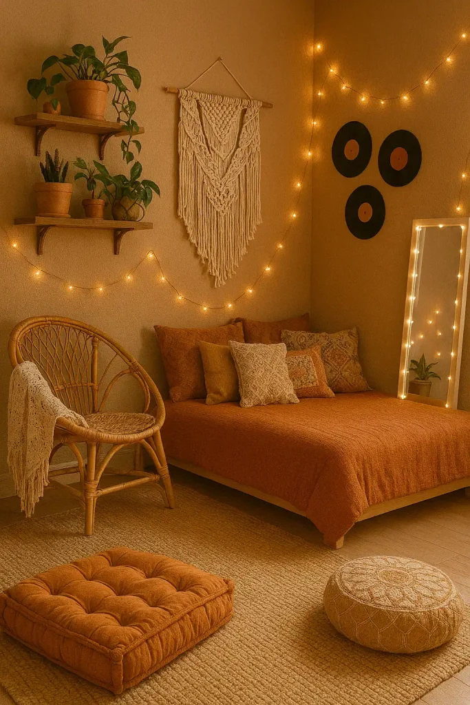 A boho-style teen bedroom with burnt orange and mustard tones, macramé wall hangings, leafy houseplants on floating shelves, mismatched vintage pillows, and a rattan chair with a crochet throw. String lights and records on the wall, cozy floor cushions, and a mirror with LED lights.