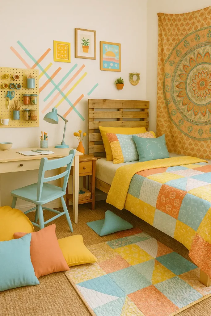 A creative, budget-conscious teen bedroom with thrifted furniture, washi tape wall art, handmade decor, and a repurposed pallet wood headboard. The color scheme is cheerful and mismatched – think bright yellows, soft blues, and coral. A pegboard above the desk holds craft supplies, and mason jars are used for organizing. The bed has layered quilts, and there's a cozy corner made from floor pillows and a tapestry draped on the wall.