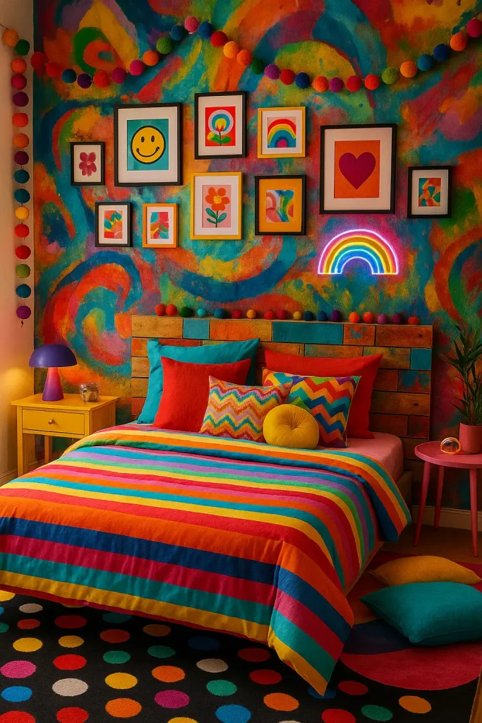 A teen bedroom bursting with vibrant color—from rainbow striped bedding and multi-colored throw pillows to an accent wall featuring bold graffiti or abstract art. Think polka-dot rugs and clashing patterns that somehow work together. String up colorful pom-pom garlands, neon LED signs, and an eclectic gallery wall with clashing frames. The mood is energetic, adventurous, and unapologetically over-the-top, creating a space that feels like a personal festival of color every time you walk through the door.