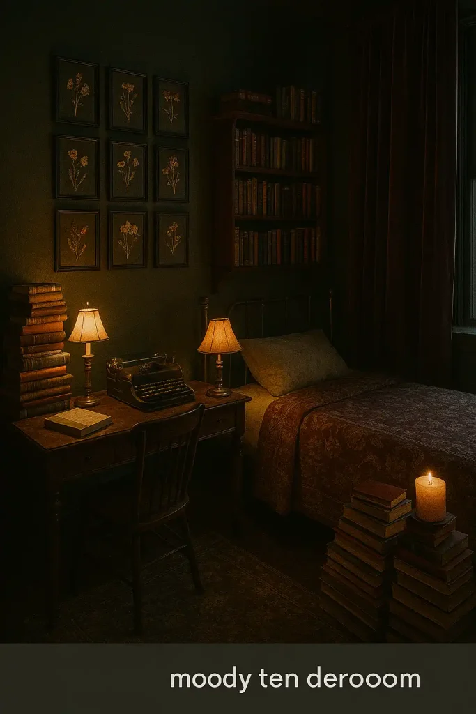 A moody teen bedroom in dark tones – forest green, deep burgundy, and black. Books stacked everywhere, vintage lamps casting warm yellow light, antique-style bedding, and a typewriter on the desk. Candles, pressed flowers in frames, and velvet curtains complete the gothic academic vibe.