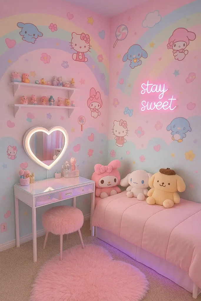 A teen girl’s bedroom with kawaii elements – pastel rainbow walls, plush toys, Sanrio characters, cute wall decals, and an iridescent vanity setup. A heart-shaped mirror, a pink furry rug, shelves with mini figurines, and a neon sign saying “stay sweet.”