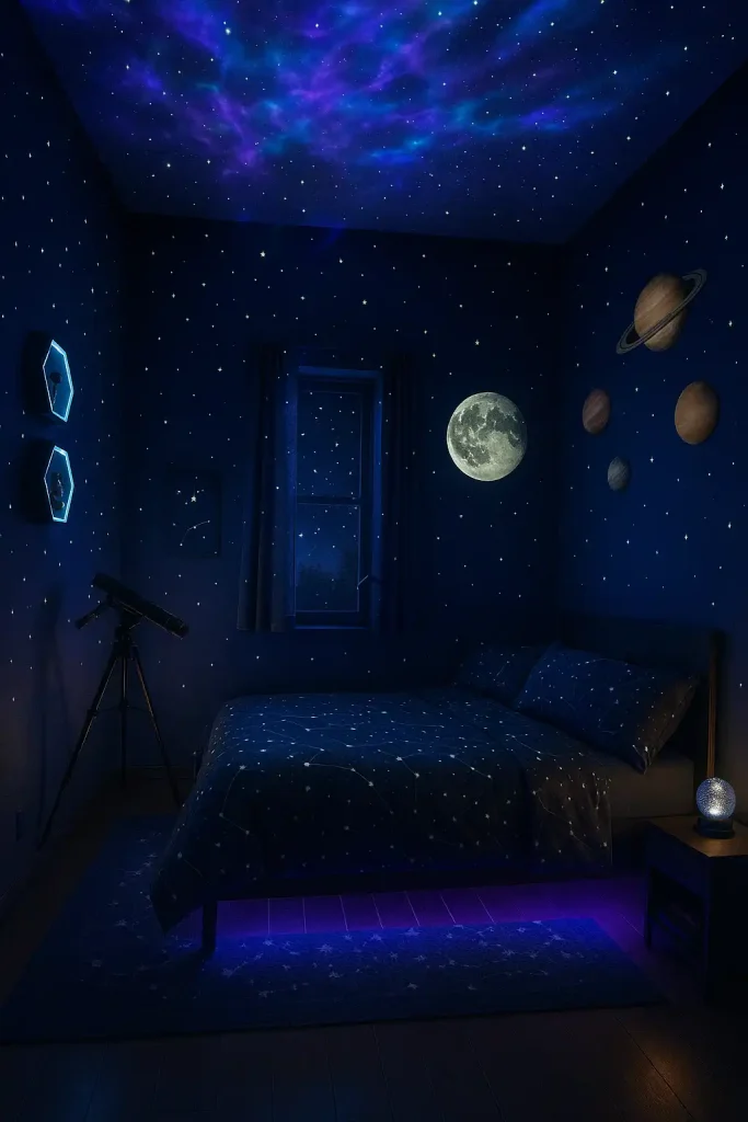 A dark, cosmic-themed teen bedroom with navy blue walls and glow-in-the-dark stars. A ceiling projector casting galaxy lights, moon and planet decals, a bedspread with constellations, and a telescope by the window. Futuristic decor and purple LED lighting under the bed.