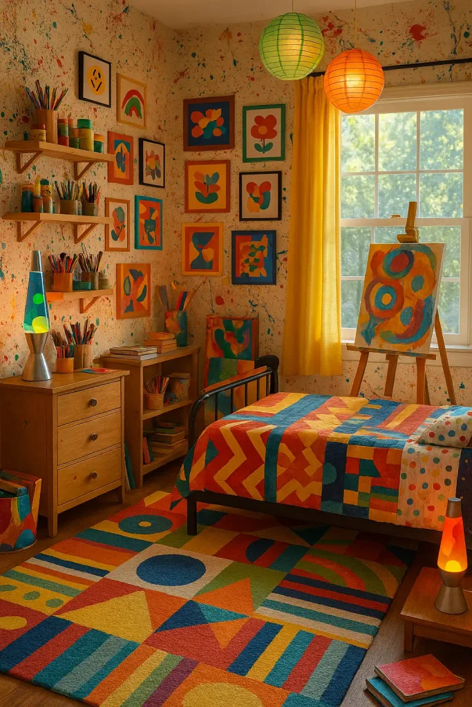 A colorful teen bedroom with paint splatter accents, art supplies on open shelving, sketchbooks and canvases scattered around. An easel by the window, a funky gallery wall, and creative lighting like a lava lamp or paper lanterns. Mismatched bedding and rugs with bold geometric patterns.