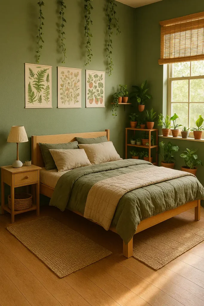 A peaceful teen bedroom with sage green walls, natural wood furniture, hanging vines, and botanical posters. Earth-toned bedding with linen textures, a small indoor garden in the corner with succulents and potted plants, and wicker baskets for storage. Sunlight coming through bamboo blinds.