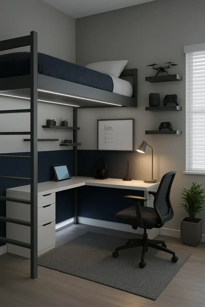 A sleek, clean teen boy’s bedroom with smart lighting, a loft bed with a workstation underneath, and wall-mounted shelves with tech gadgets. Color palette of gray, white, and navy. Tablet charging station, soundproof headphones, and a digital whiteboard above the desk.