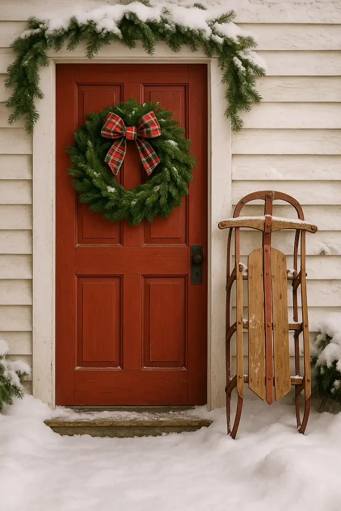 A rustic red front door with a thick green pine wreath, plaid ribbon, and a vintage sled leaning beside it in the snow