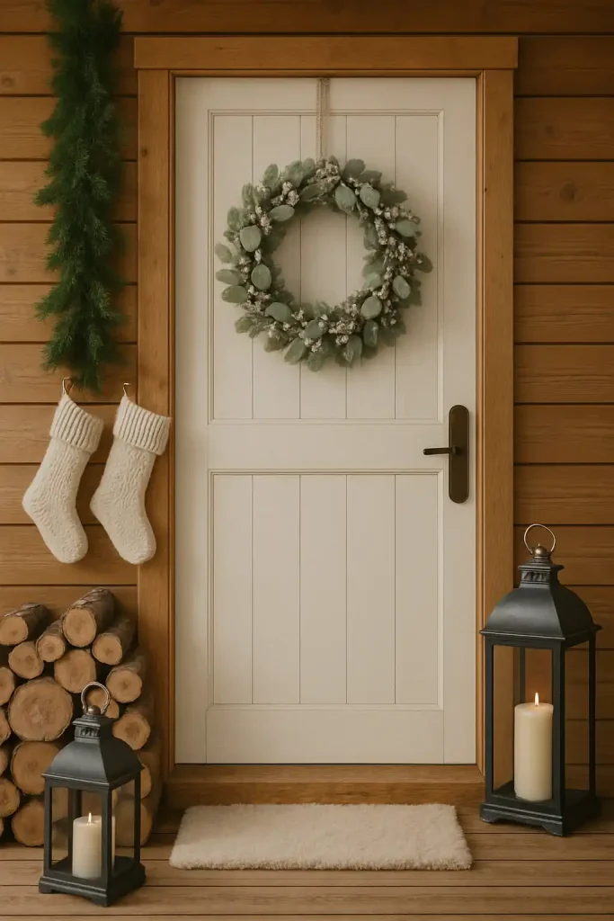 Wooden front porch with lanterns, stacked firewood, knitted stockings, and a neutral-toned wreath with eucalyptus and berries