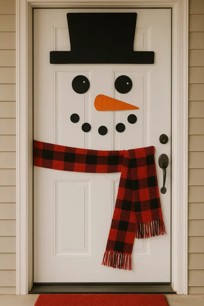 Door decorated as a snowman face using fabric and cardboard cutouts, with a scarf along the bottom and a black top hat on top