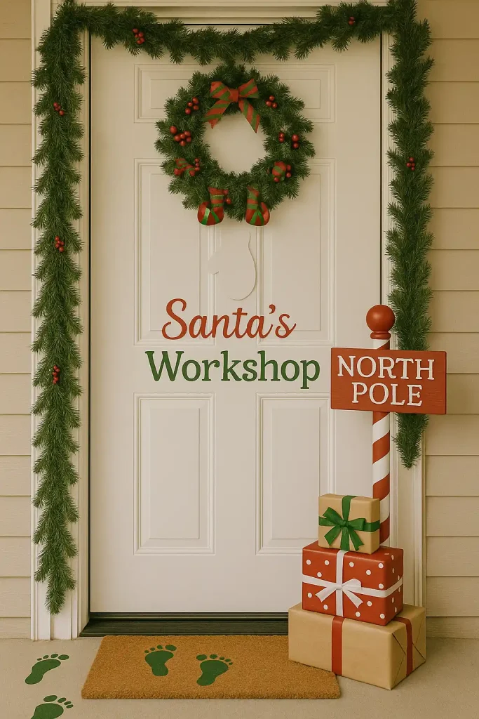 Santaâs workshop theme with elf footprints on the porch, a faux North Pole sign, and wrapped gift boxes stacked by the door
