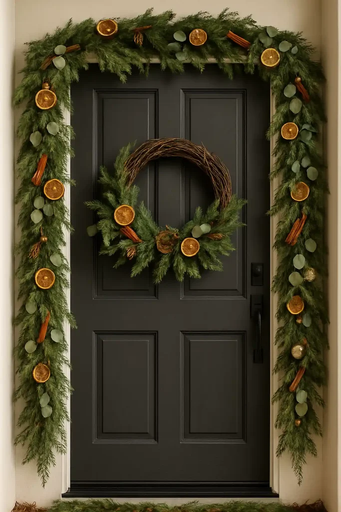 A woodland-themed Christmas door with cedar and eucalyptus garland, dried orange slices, cinnamon sticks, and a grapevine wreath