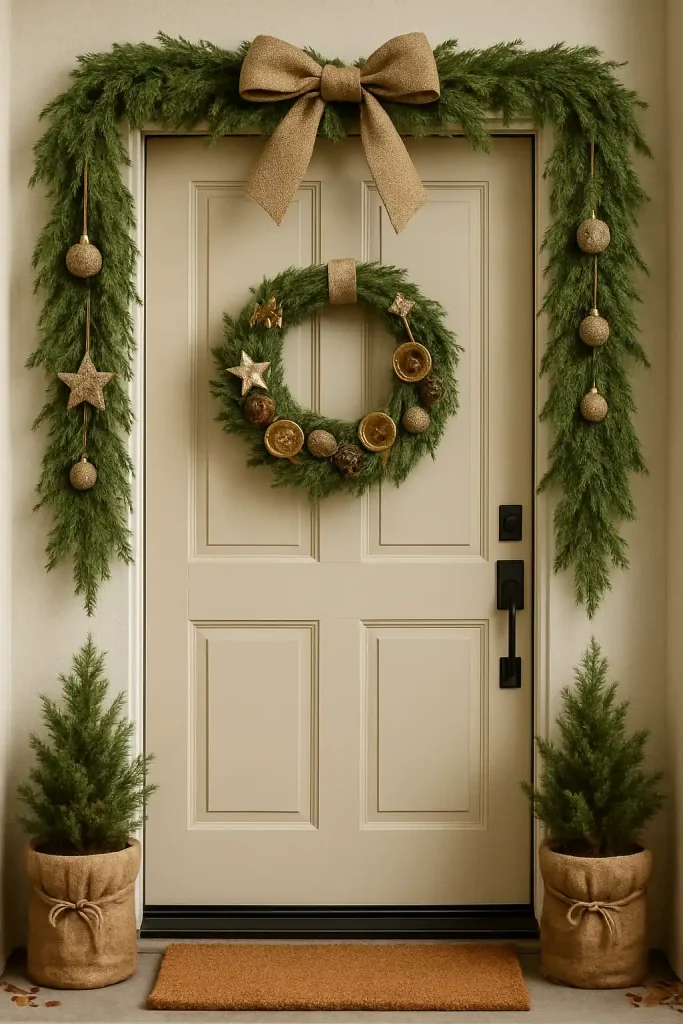 Eco-friendly door decorated with handmade ornaments, jute ribbon, and potted mini pine trees wrapped in burlap