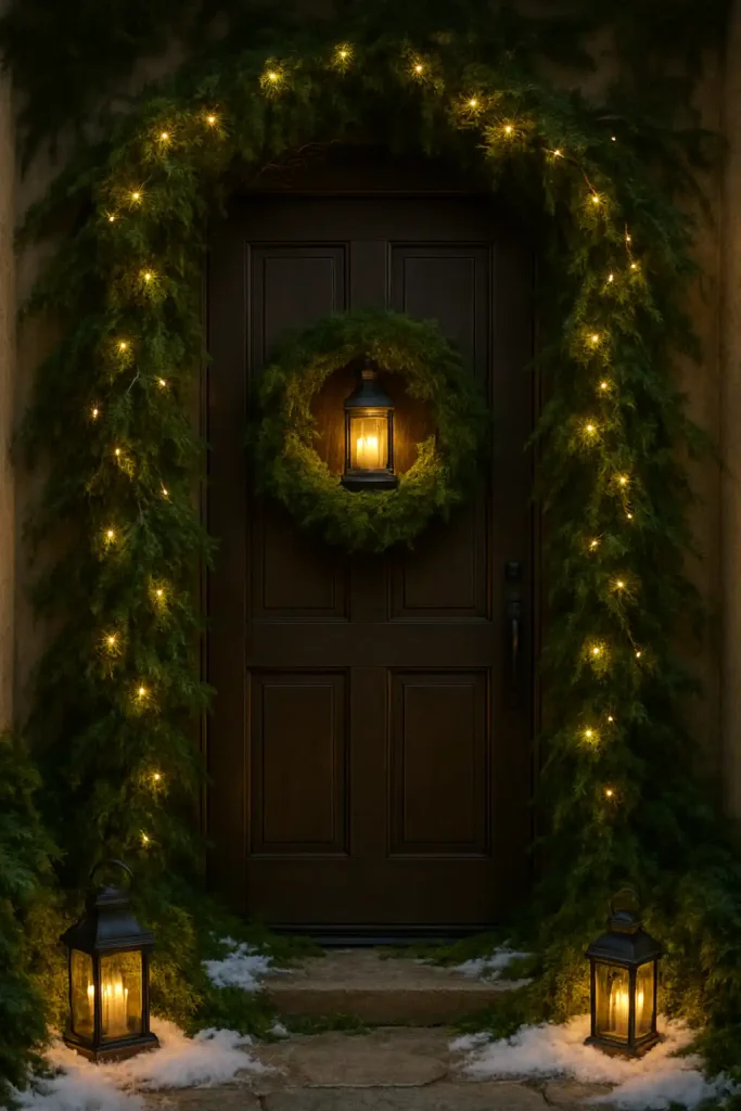 Enchanted forest Christmas door with glowing lanterns, faux snow, mossy garlands, and tiny fairy lights woven through
