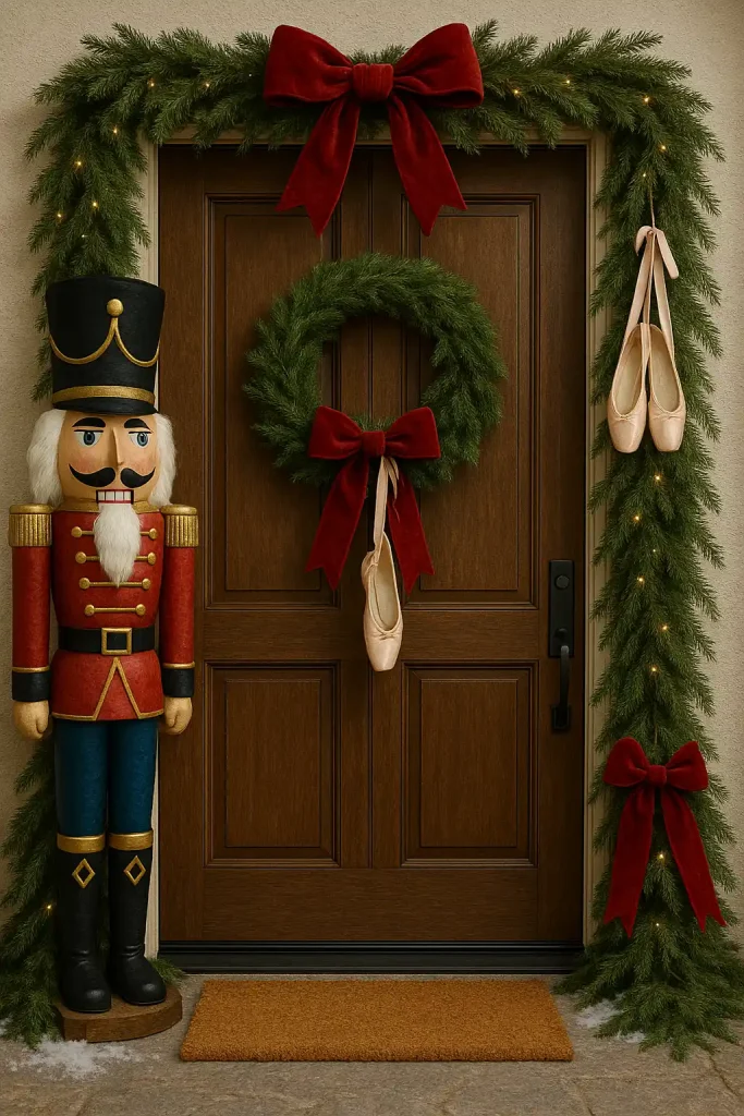 Christmas door inspired by The Nutcracker, featuring a giant nutcracker figure beside the door, red velvet ribbons, and ballet slippers hanging from a wreath