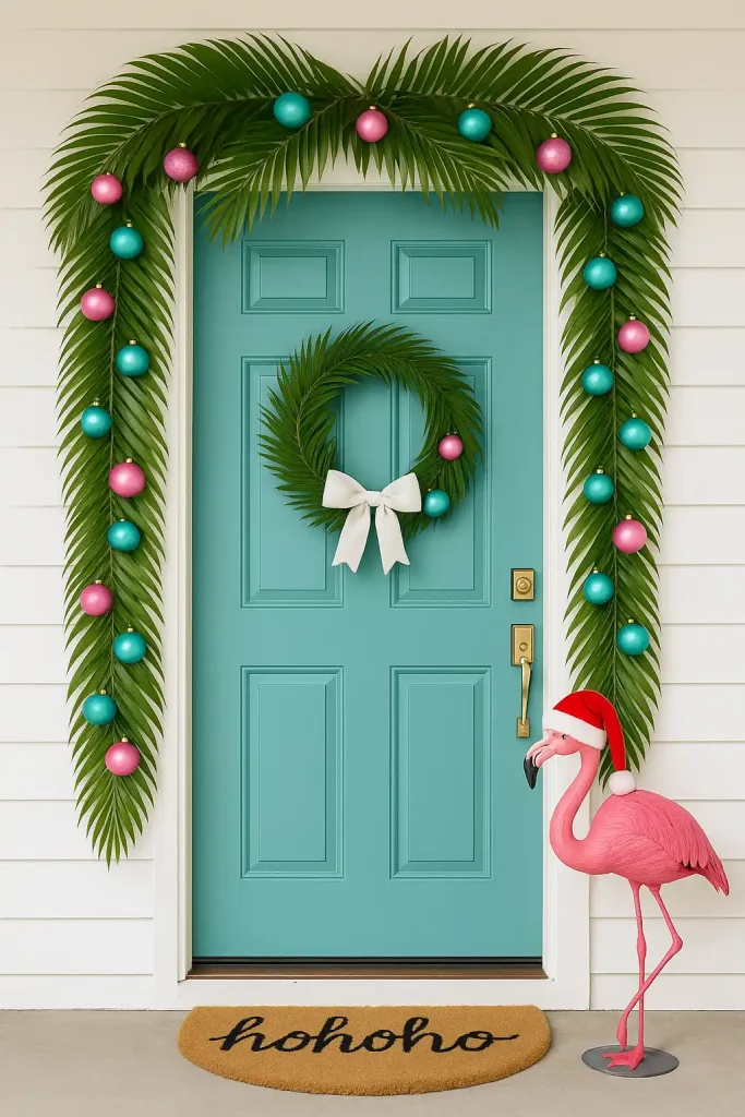 Tropical Christmas door with palm leaf garland, pink and turquoise ornaments, and a flamingo wearing a Santa hat by the doormat