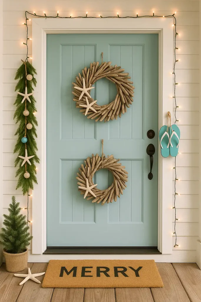 Beach house Christmas door with driftwood wreath, string lights, starfish accents, and flip-flops hanging like ornaments