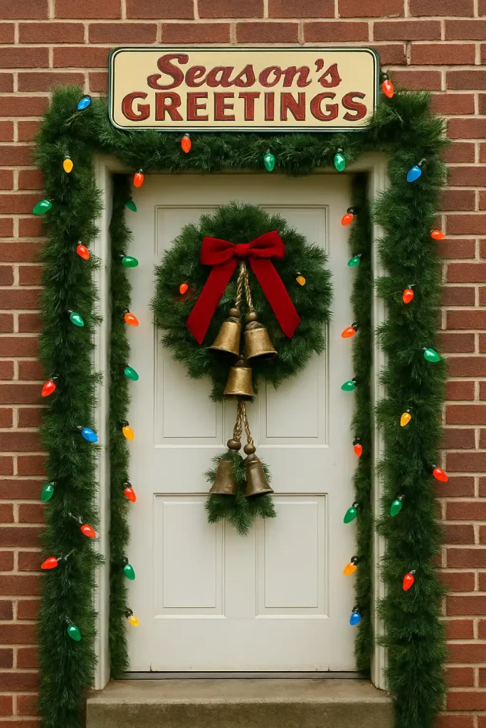 1940s-inspired Christmas door with antique brass bells, classic red-and-green lights, and a retro âSeasonâs Greetingsâ sign