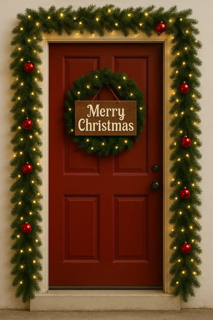 Traditional Christmas door with garland framing the door, white lights, red ornaments, and a âMerry Christmasâ wooden sign