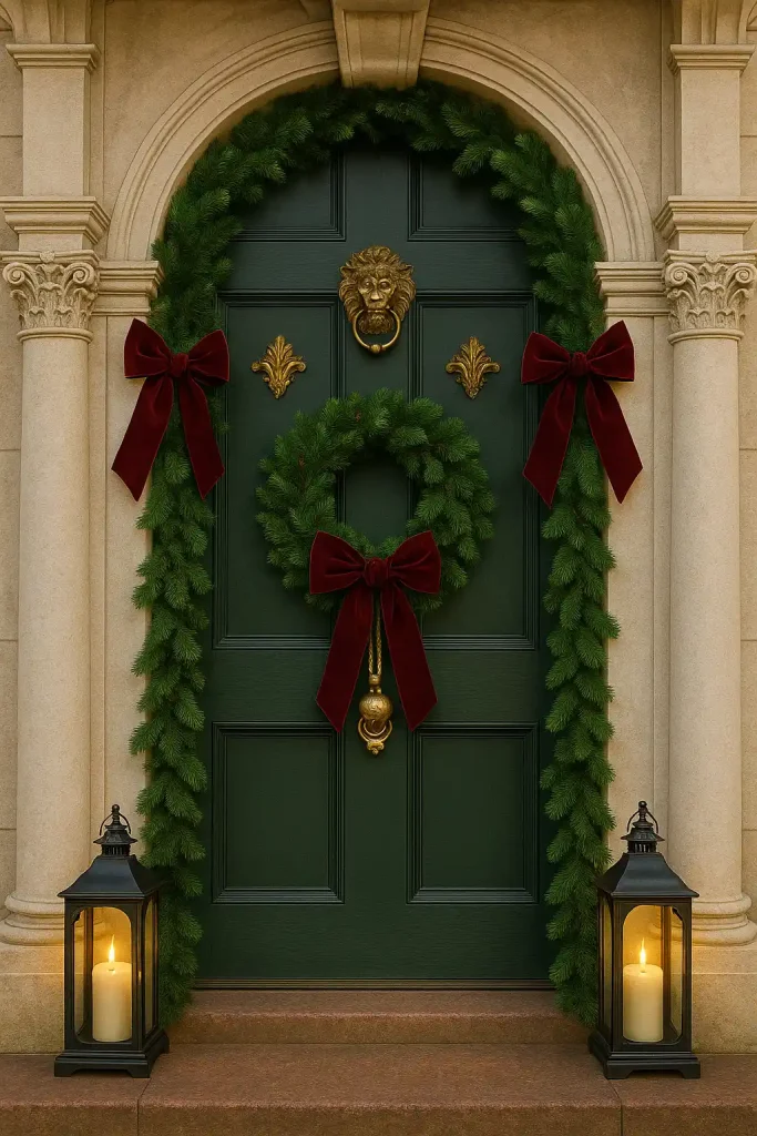 Victorian-style Christmas door with rich velvet bows, ornate gold accents, and a traditional candle lantern on each side