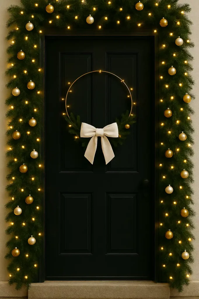 A black front door decorated with gold and white ornaments, twinkling fairy lights, and a velvet white bow on a minimalist wreath