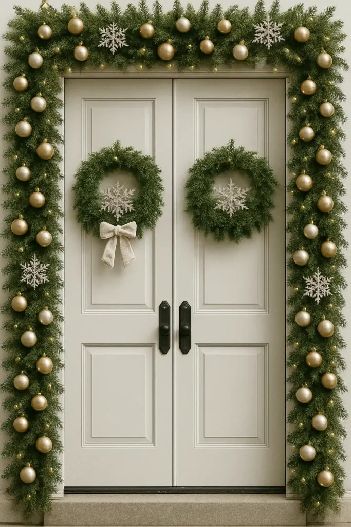 Double doors with symmetrical garlands, champagne-colored baubles, and crystal snowflakes for a luxurious winter feel