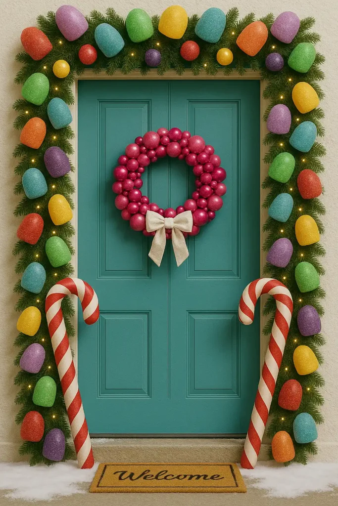Candyland-themed Christmas door with oversized candy canes, gumdrop garlands, and a bright pink wreath made of ornaments