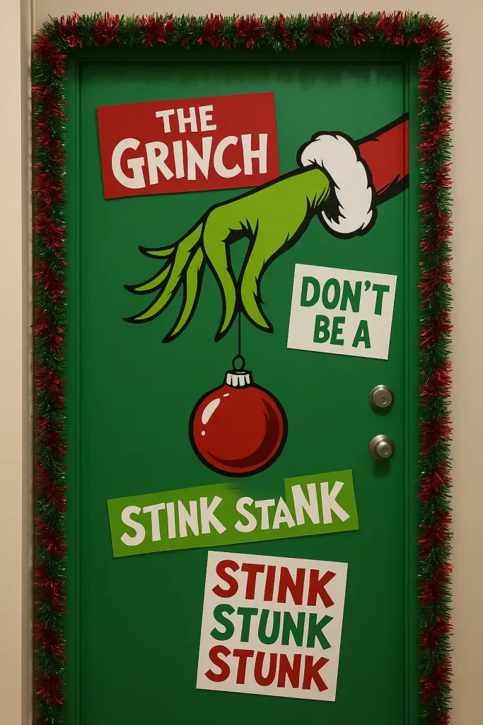 Grinch-themed green door with a giant Grinch hand holding an ornament, red and green tinsel garland, and funny quote signs
