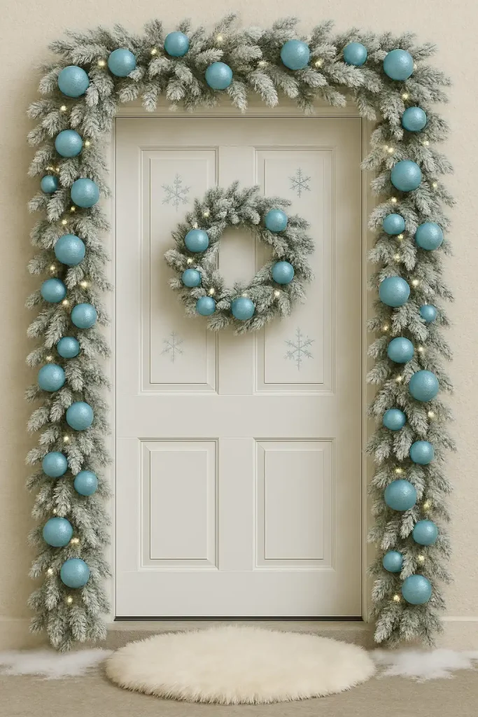 White front door with flocked garlands, icy blue ornaments, snowflake decals, and a soft fur rug at the doorstep