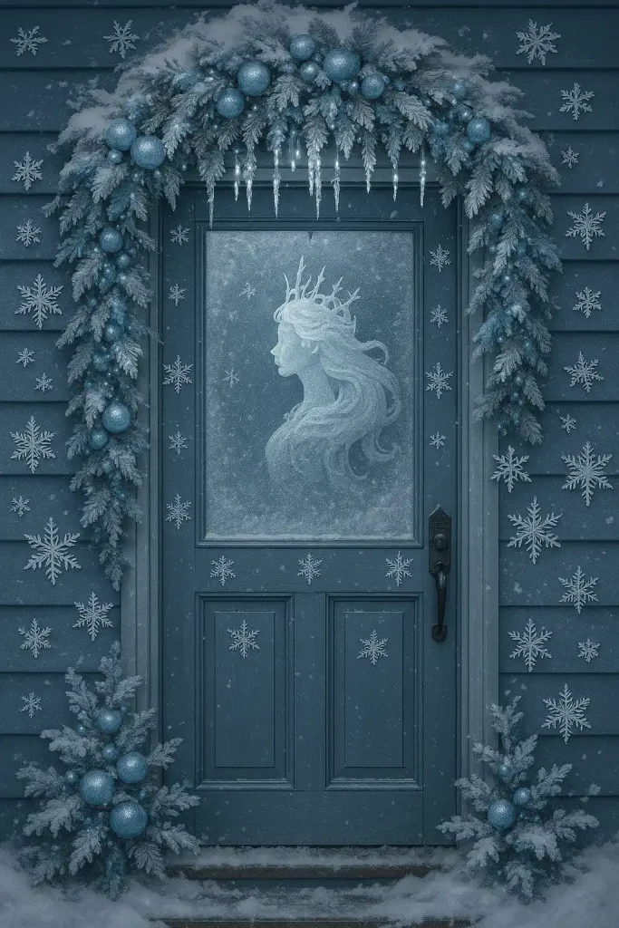 A winter fantasy-themed front door decorated with shimmering silver and icy blue garlands, icicle lights, a frosted window with a graceful silhouette of a snow queen, and snowflake ornaments scattered around.