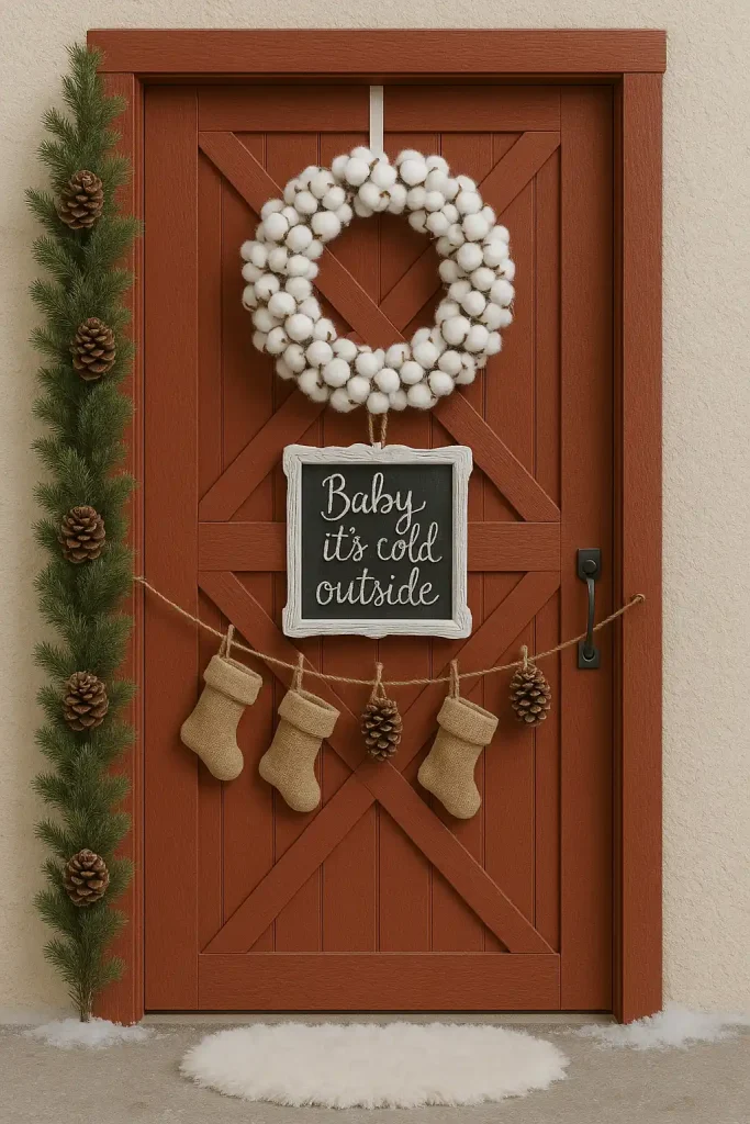 Barn-style door with cotton wreath, mini burlap stockings, pinecones, and a chalkboard sign that says âBaby itâs cold outsideâ